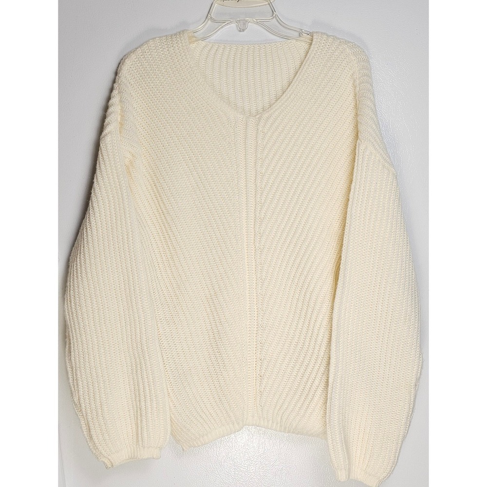 SHEIN Cream‎ Cable Knit V Neck Long Sleeve Sweater Women Medium Oversized Cozy M